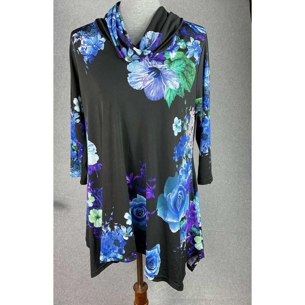 Jostar Women's Tunic Top Size M Travel Knit Black Floral Cowl Neck Assymetrical